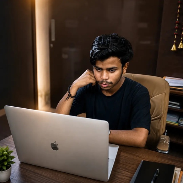 Vansh Kashyap writing code on a MacBook at his desk